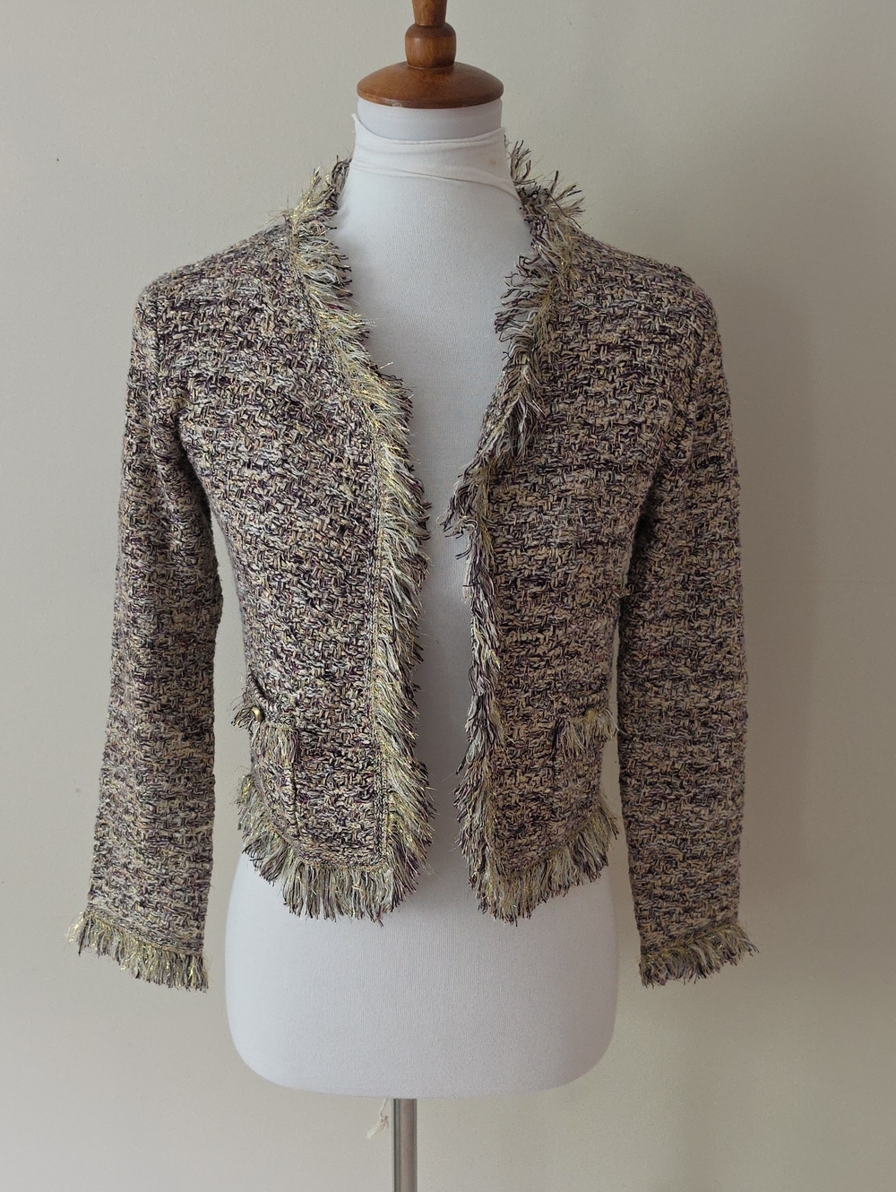 Cache Textured Fringe Open Front Cardigan Jacket  Neutral Tweed